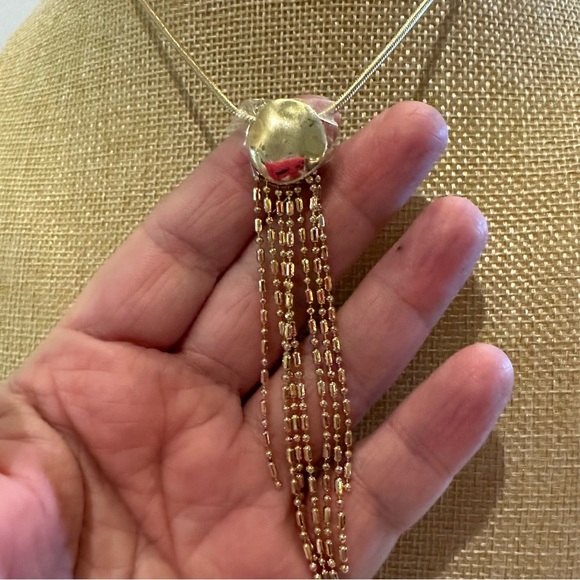 NWT Nordstrom Necklace gold w/ chain tassel on round pendant, sliding ball close - Picture 7 of 13